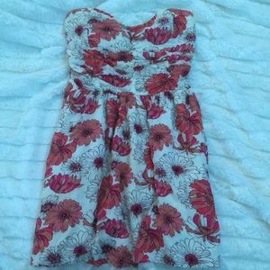 floral strapless dress and blue strapless dress